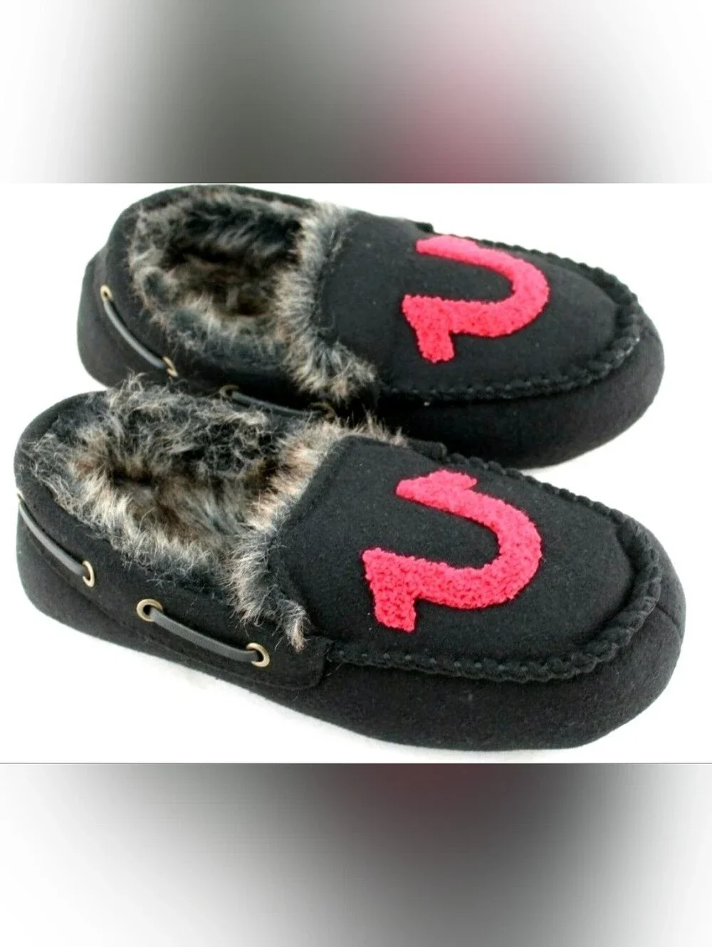 True Religion Black Faux Fur Moccasin Slipper with Red Logo